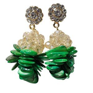 Flower Green Beaded Cluster Drop Earrings Rhinestone Studs Boho Statement Women